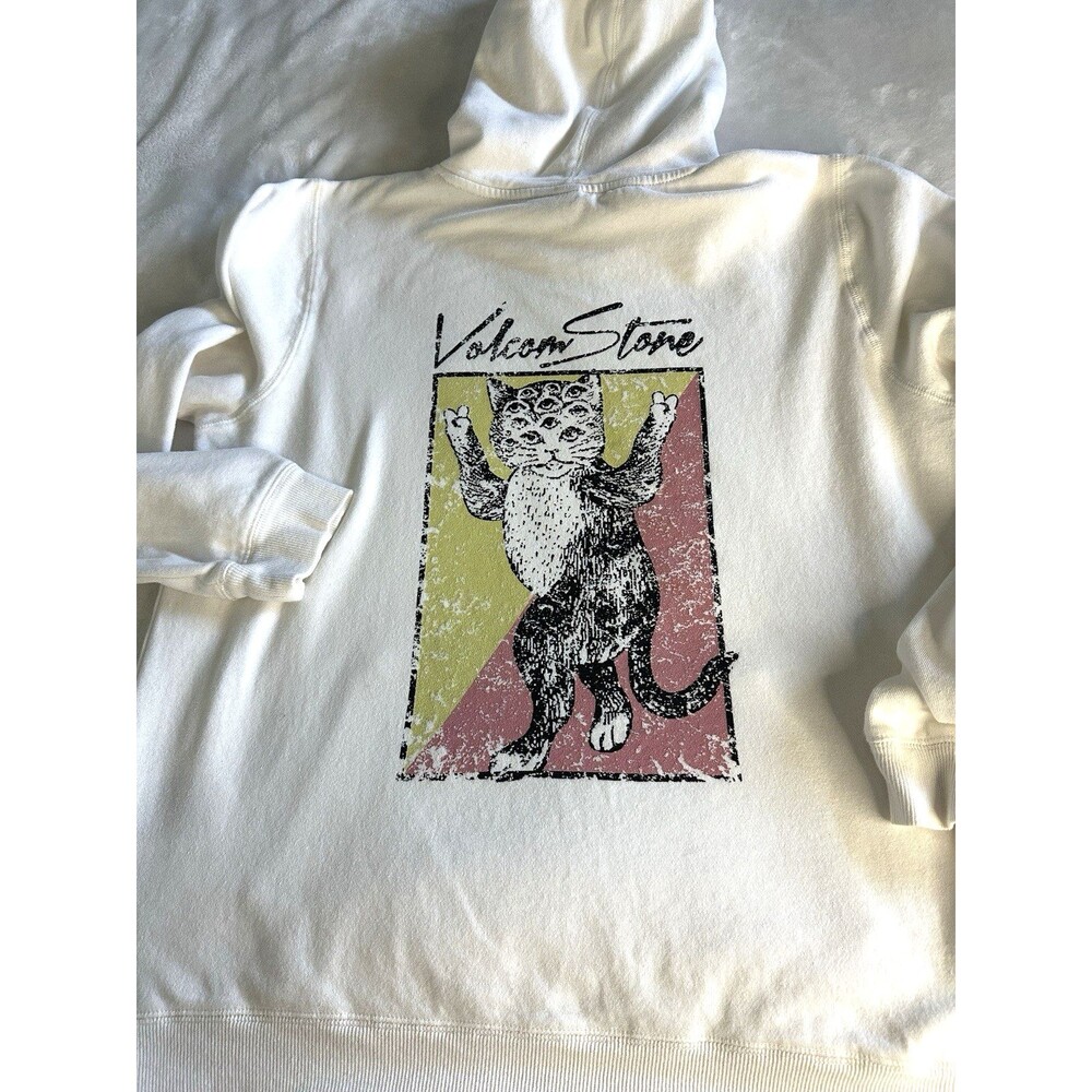 Volcom Truly Deal Womens Hoodie Size Large Star White Trippy Cat Skate Surf